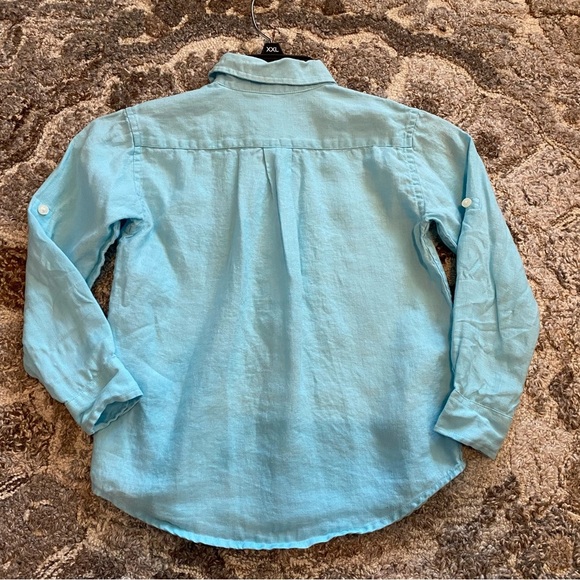 Janie and Jack Shirt Youth Boys Size 5 Blue 100% Linen Button Up Picture Beach - Picture 6 of 8